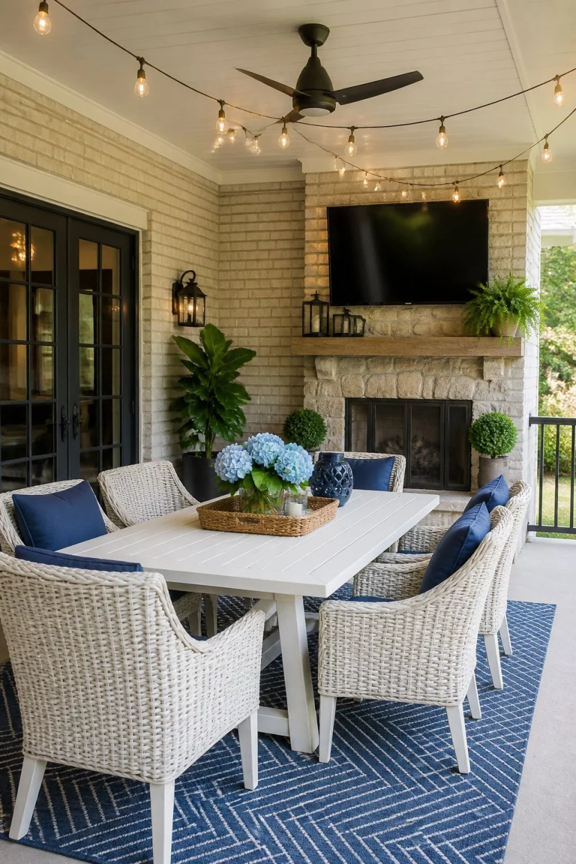 Set the Table on a Covered Porch A realistic photo of a bright covered patio with light brick walls, featuring a white wicker dining table and chairs with blue cushions, overhead string lights, and a television mounted above a stone fireplace.