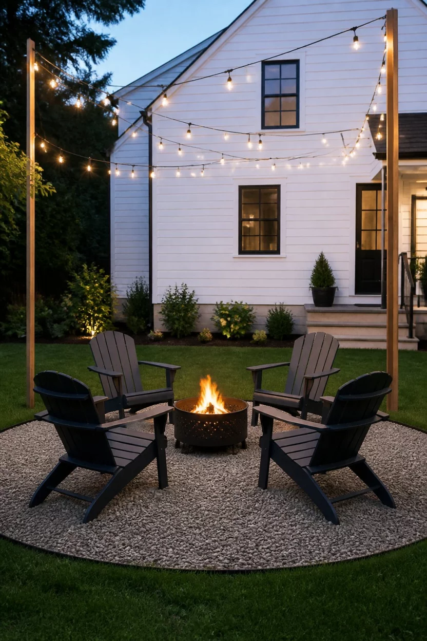 Create a Circular Gravel Lounge A realistic photo of a circular gravel area in a green lawn, featuring four dark gray Adirondack chairs surrounding a small metal fire pit, illuminated by string lights hanging from tall wooden poles against a white house.