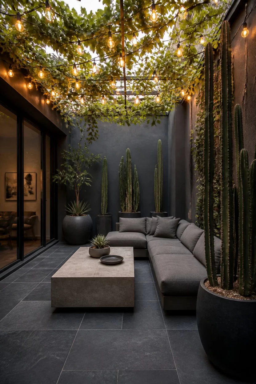 Design a Slate Urban Retreat A realistic photo of an intimate urban patio with dark slate floor tiles, featuring a low profile gray sectional sofa, a solid stone coffee table, and several large potted cacti under a canopy of warm string lights.