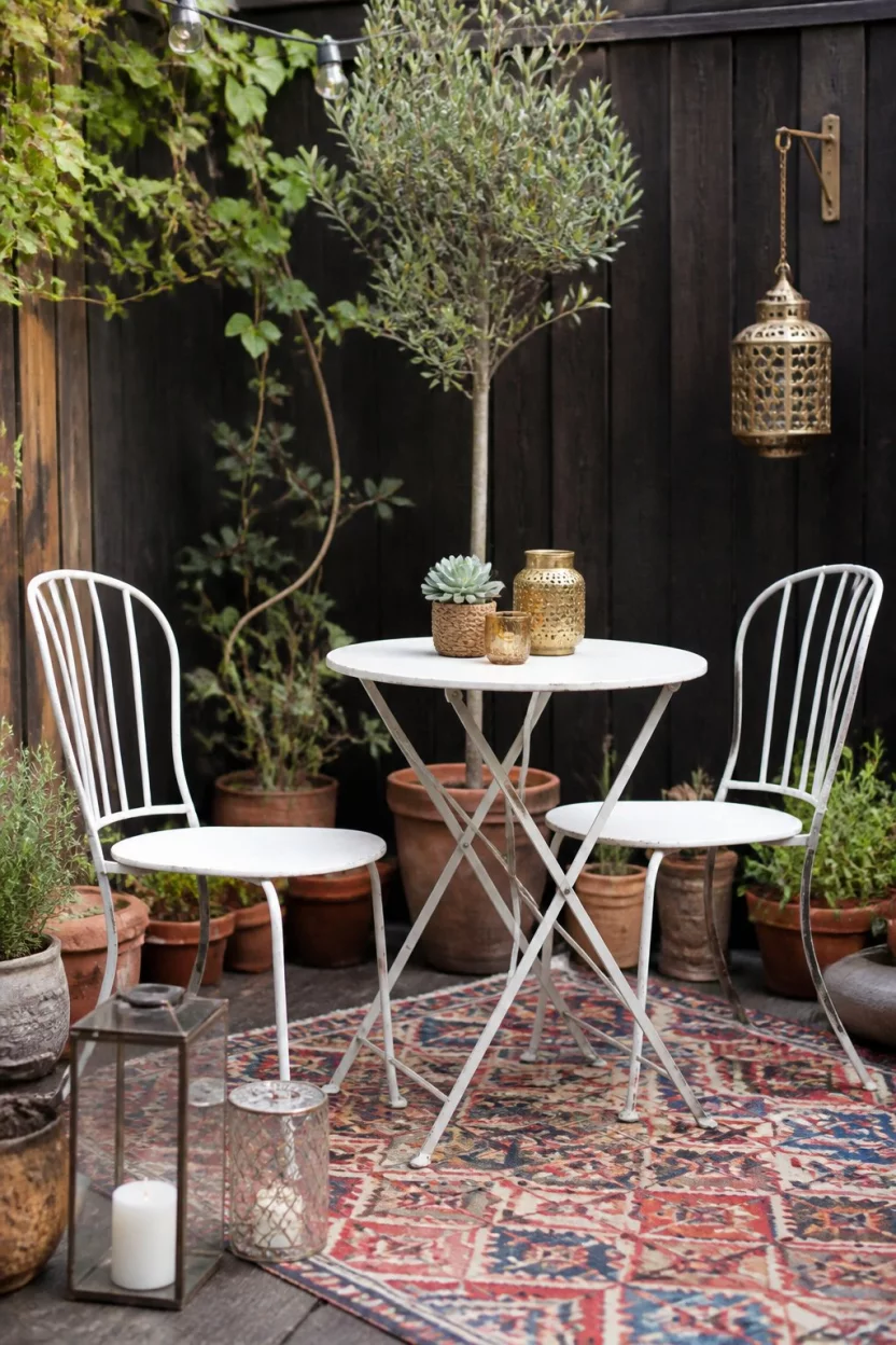 Decorate a Quaint Garden Corner A realistic photo of a rustic backyard corner with a small white metal bistro set on a colorful patterned outdoor rug, surrounded by various terracotta pots and decorative glass lanterns against a dark wood fence.