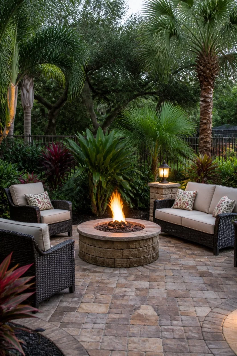 Gather Around a Stone Fire Pit A realistic photo of a traditional backyard living area with dark brown wicker furniture arranged around a circular stone fire pit on a multi toned paver patio, surrounded by lush tropical plants and palm trees.