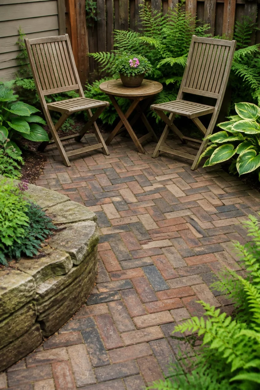 Pattern Your Path with Bricks A realistic photo of a small backyard patio paved with multi colored bricks in a herringbone pattern, featuring two simple wooden chairs and a round side table tucked into a garden filled with ferns and hostas.