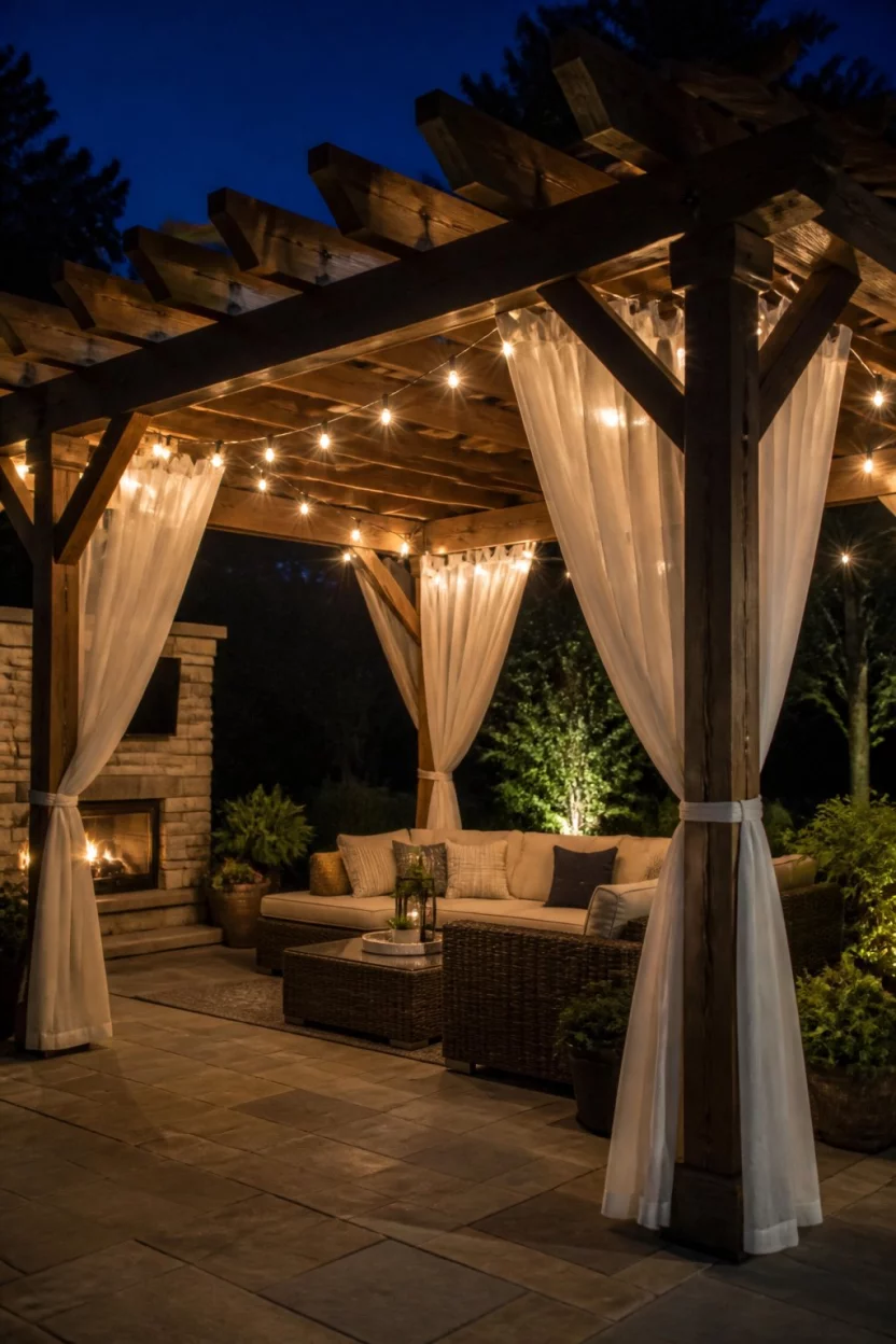 Sheer Curtains for Romantic Evenings A realistic photo of a dark wood pergola adorned with sheer white curtains tied to the posts, warm yellow string lights glowing above, and a comfortable seating area beneath the wooden beams at night.
