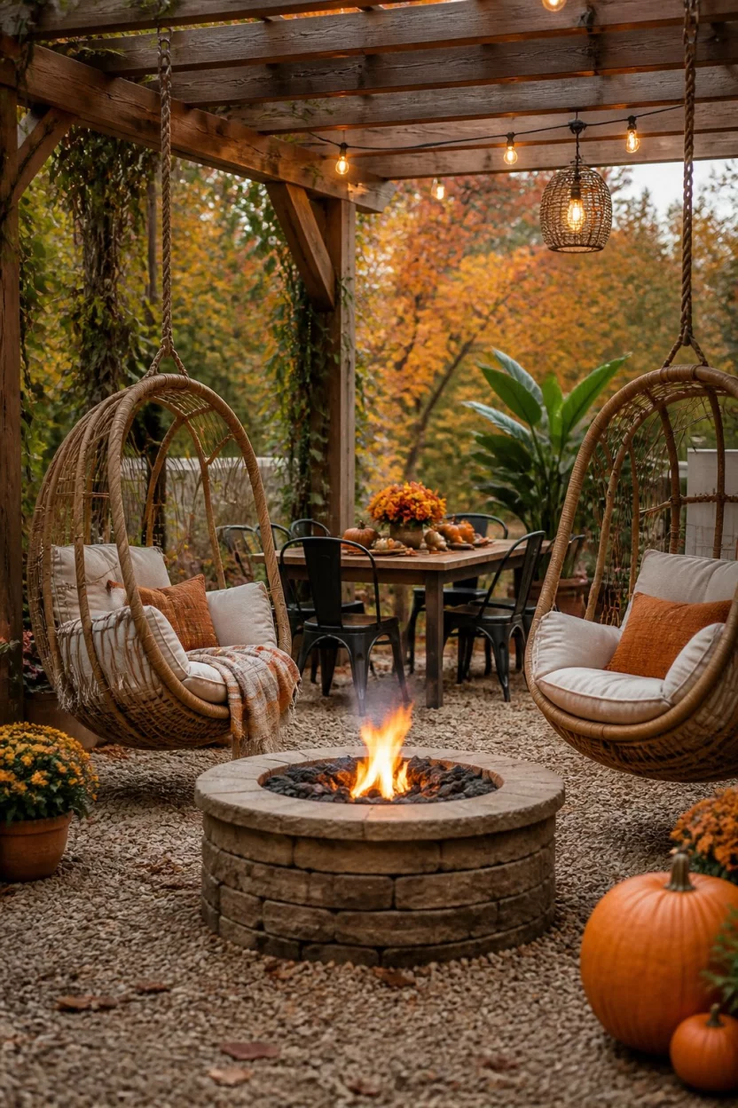 A realistic photo of a festive autumn patio under a wooden pergola with hanging wooden swing chairs, a round stone fire pit, and orange pumpkins on a gravel ground.