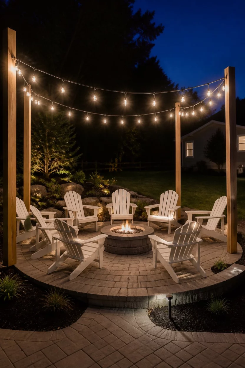 A realistic photo of a nighttime backyard scene with tall wooden poles supporting overhead string lights that illuminate a circular seating area of white Adirondack chairs around a stone fire pit.