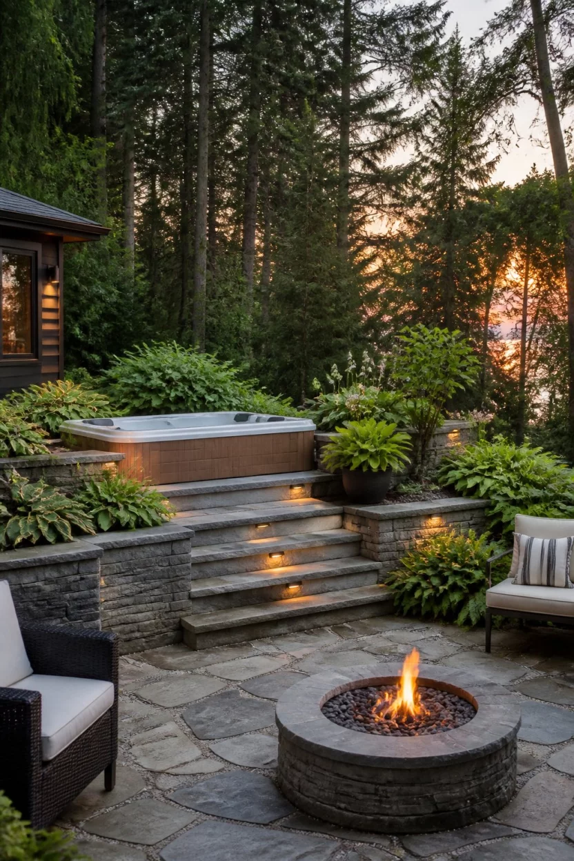 A realistic photo of a lush backyard garden featuring a raised wooden hot tub integrated into stone steps, surrounded by dense ferns and hostas, with a lower stone patio area holding a burning fire pit during a soft sunset light.
