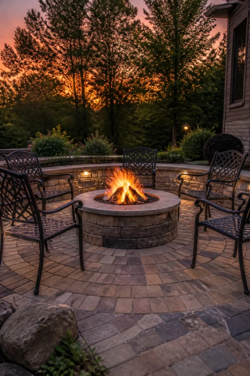 A realistic photo of a circular brick patio with multi colored pavers, featuring a central stacked stone gas fire pit at dusk with glowing orange flames and dark metal chairs.
