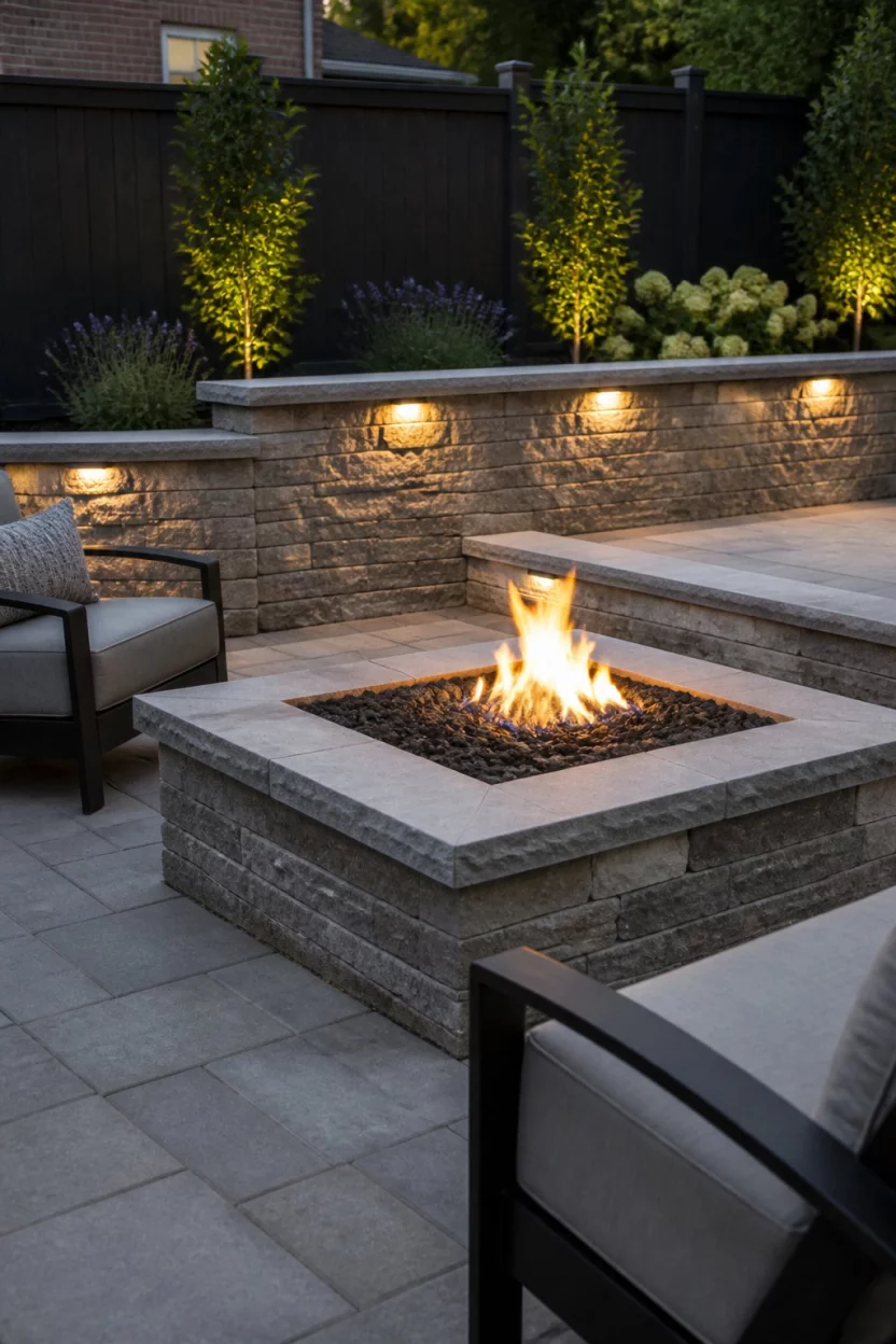 A realistic photo of a designer patio featuring a square stone fire pit filled with black lava rocks, framed by a stone retaining wall with built in accent lighting and a dark wood fence.