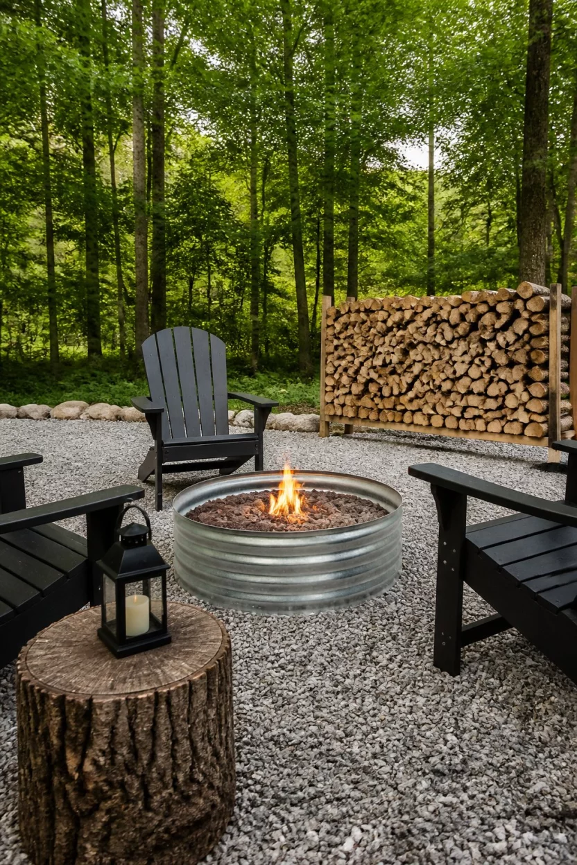 A realistic photo of a relaxed woodsy fire pit setting with Adirondack chairs around a galvanized metal fire ring on a gravel base, with a large stack of firewood in the background.