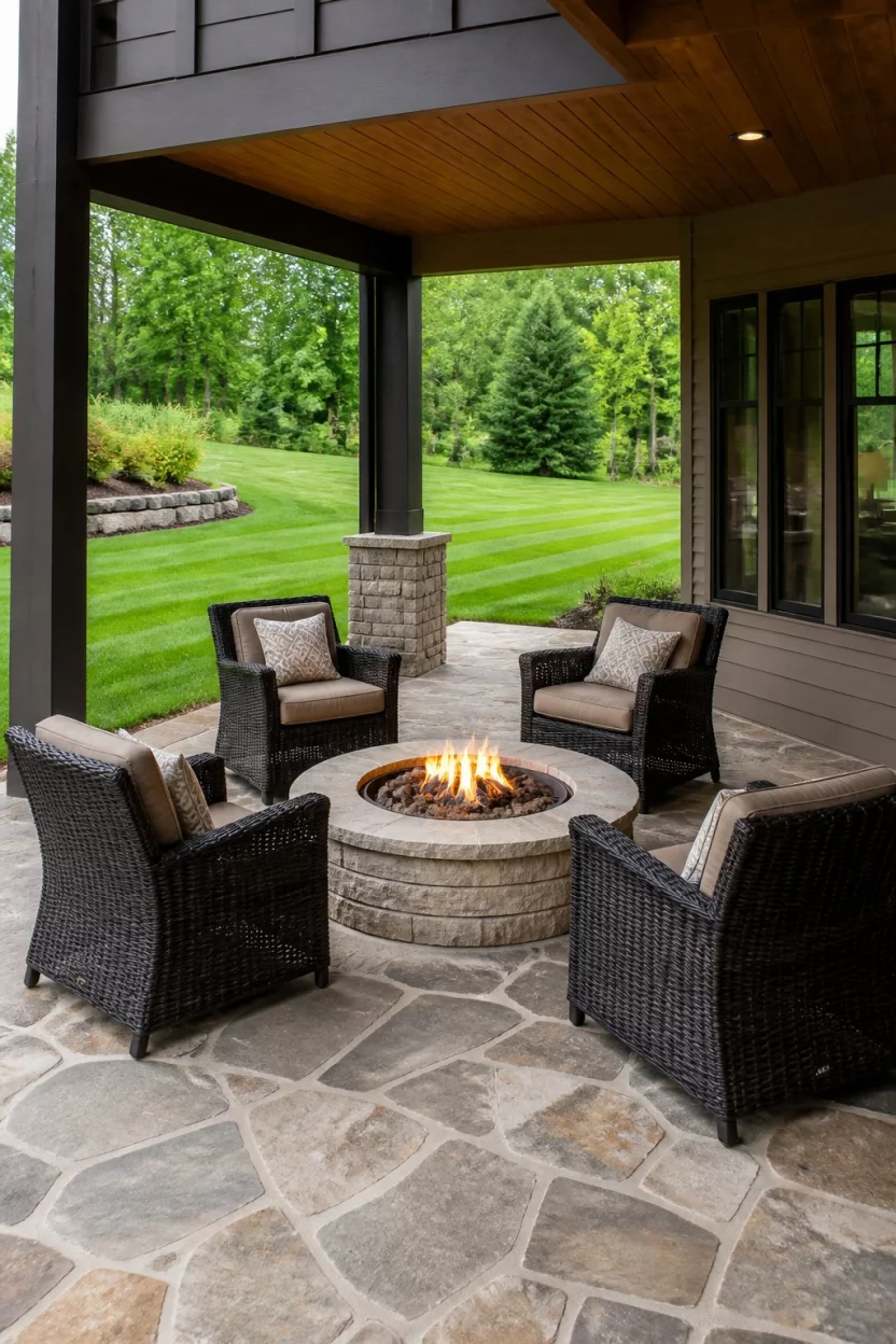 A realistic photo of a flagstone patio tucked under a house overhang, featuring a round stacked stone gas fire pit and dark wicker armchairs on a perfectly manicured green lawn.