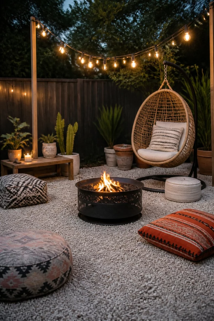 A realistic photo of a bohemian backyard on white gravel, featuring a round black metal fire pit, a wicker hanging egg chair, colorful floor pillows, and warm string lights draped between wooden poles.