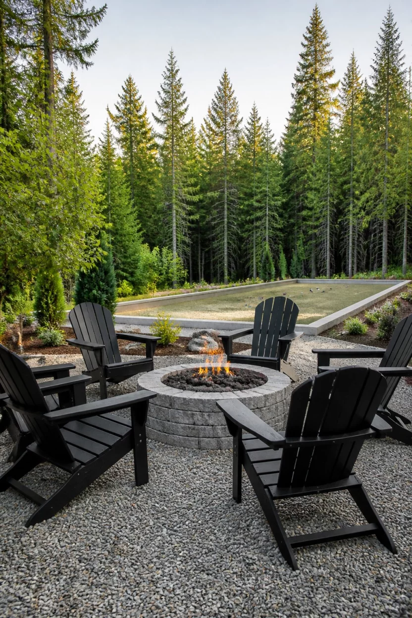 A realistic photo of a gravel patio area with dark black Adirondack chairs around a stacked stone fire pit, with a professional bocce ball court and evergreen trees in the background.