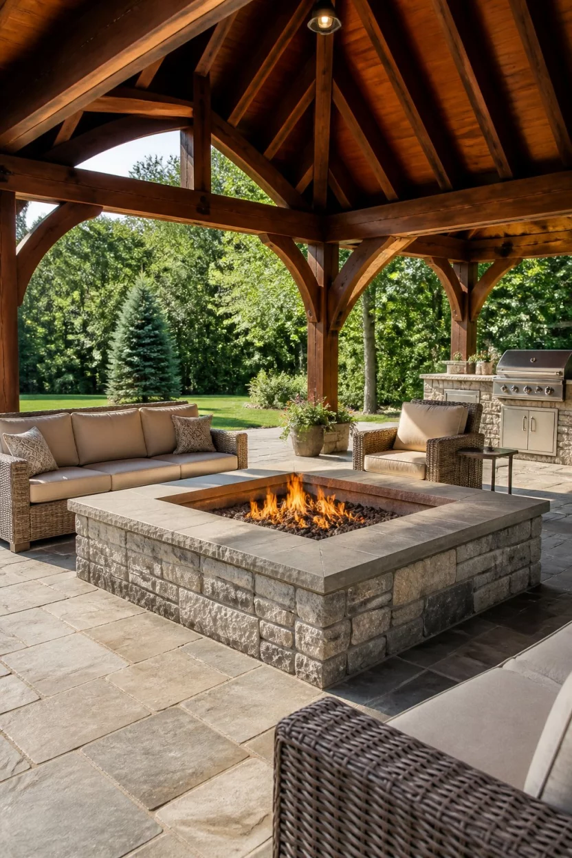 A realistic photo of a large square stone fire pit on a flagstone patio, situated under a heavy timber wooden pavilion with comfortable wicker seating and lush green trees in the background.