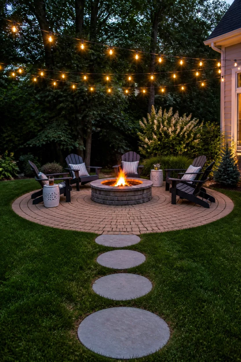 A realistic photo of a circular brick patio with a central stone fire pit, accessed via a path of round grey stepping stones in the green grass, with string lights overhead.