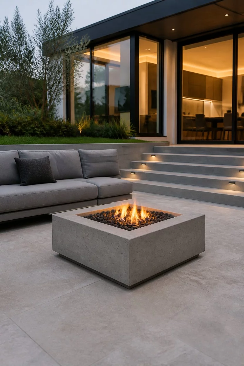 A realistic photo of a modern patio featuring a large square concrete gas fire pit, a high end grey outdoor sofa, and clean lined stone steps leading to a contemporary house with glass walls.