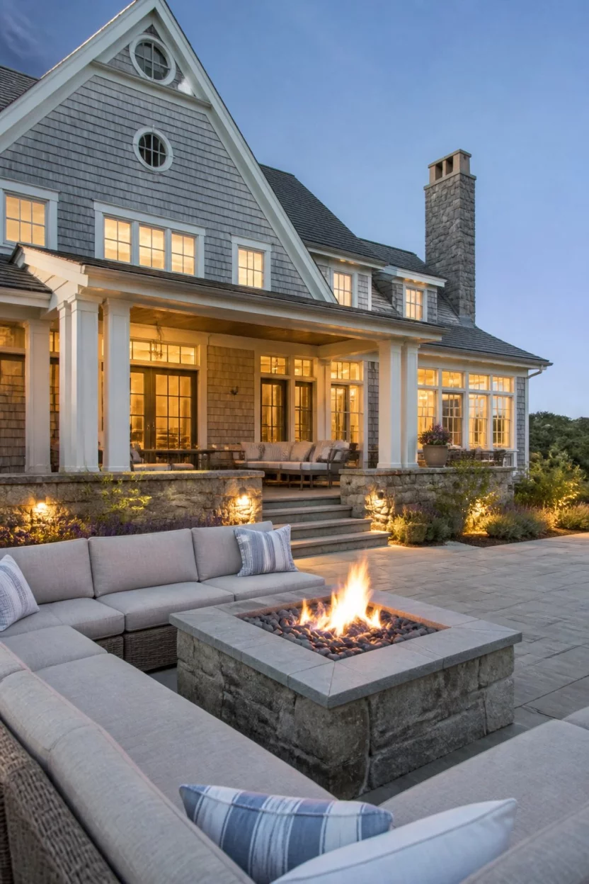 A realistic photo of a large shingled luxury house overlooking a spacious stone patio, featuring a prominent square stone fire pit and a light grey outdoor sectional sofa with soft landscape lighting.