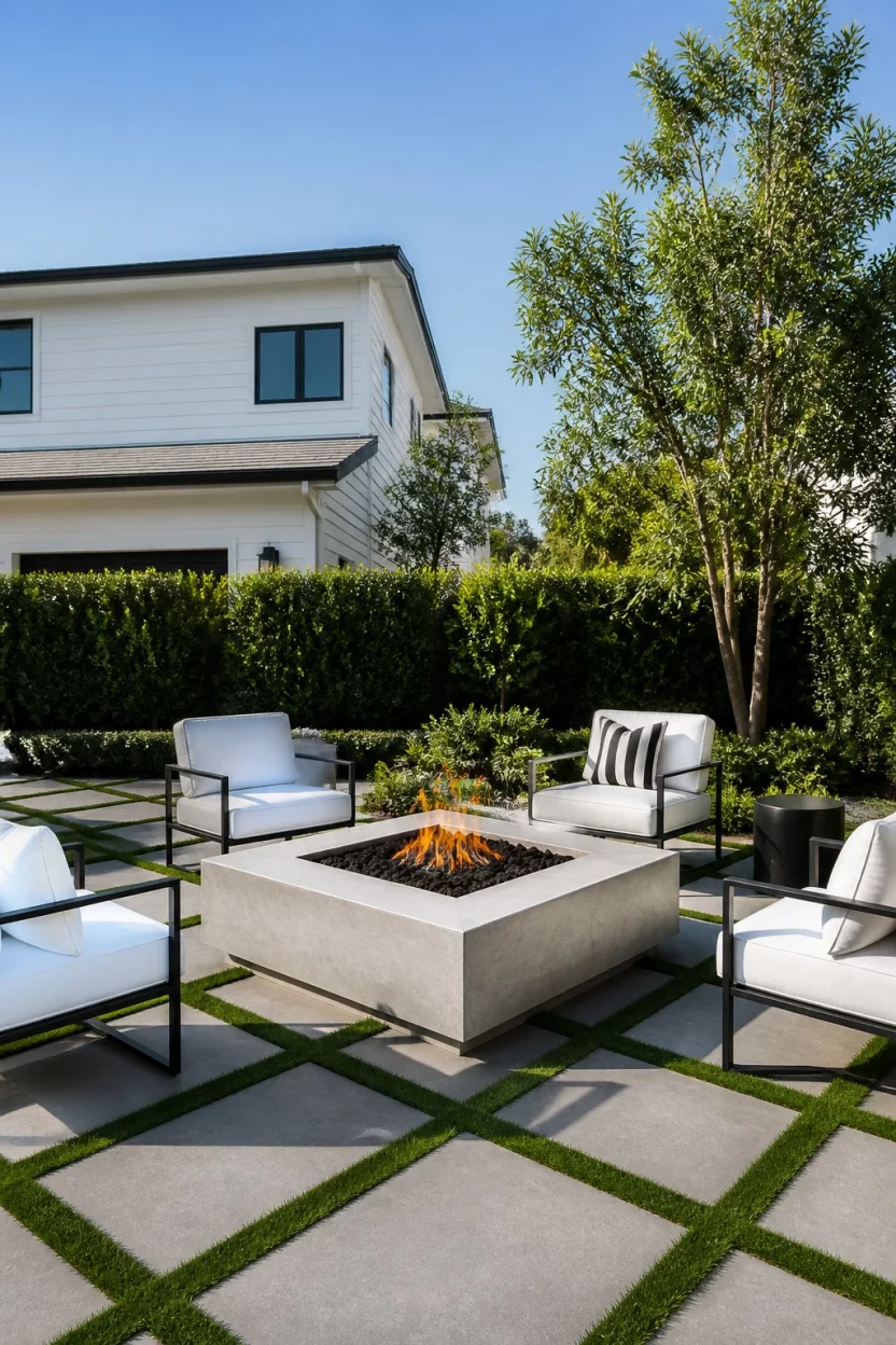 A realistic photo of a contemporary backyard with a square stone fire pit centered on a checkerboard pattern of green grass and grey concrete pavers, surrounded by white modern chairs under clear skies.