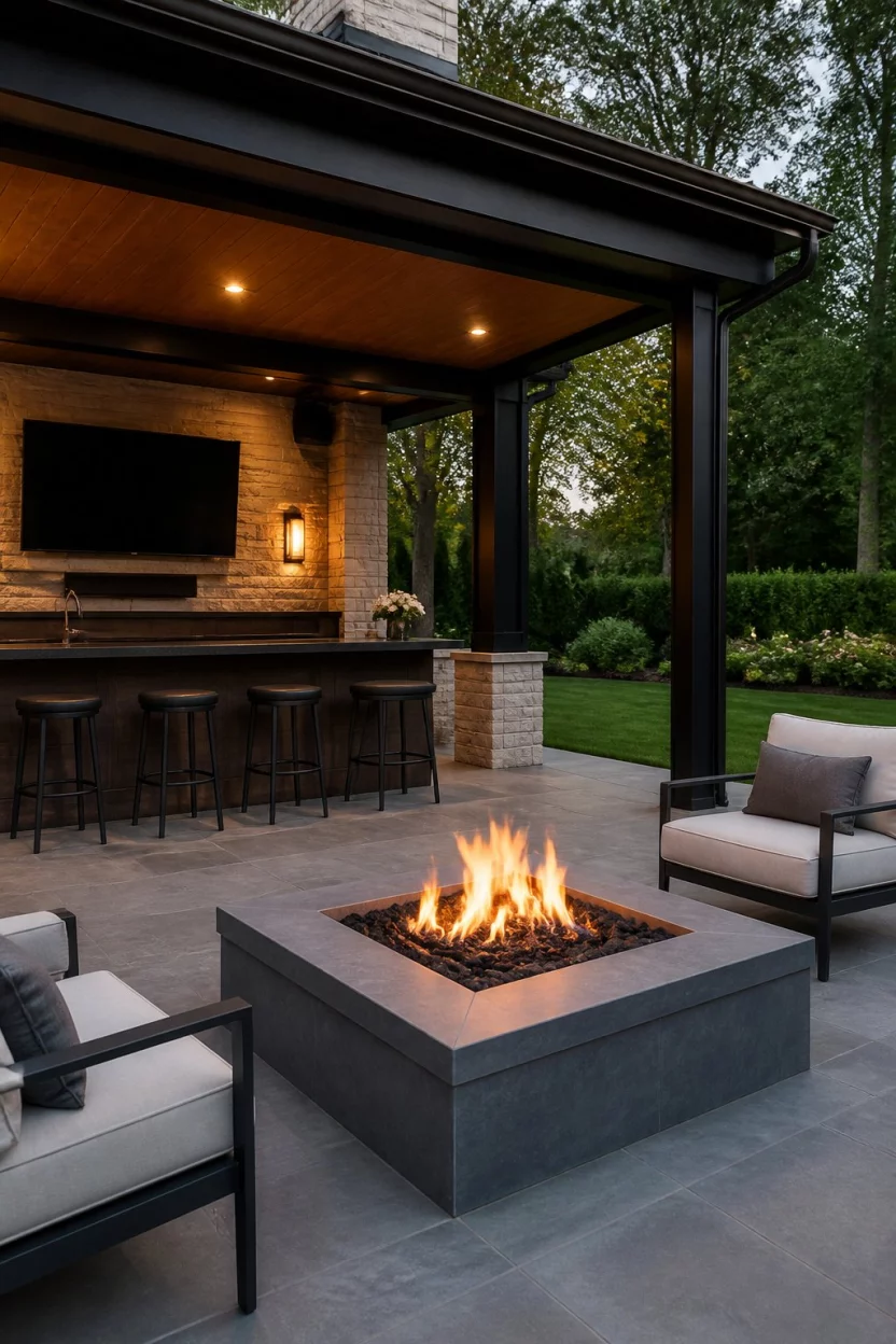 A realistic photo of an expansive outdoor living area with a modern square fire pit on grey stone tiles, located under a covered structure featuring a dark wood bar and a wall mounted television.