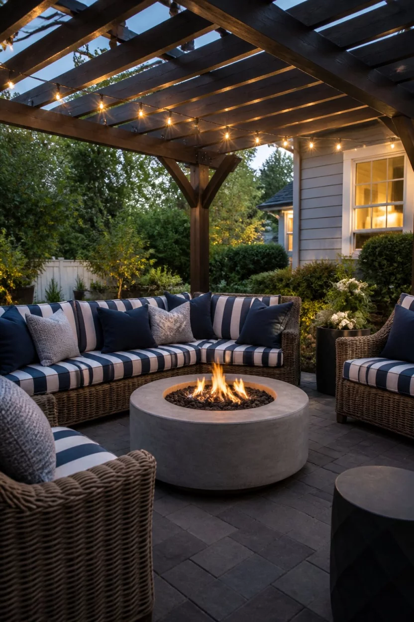 A realistic photo of a cozy outdoor living space under a dark wooden pergola, featuring striped blue and white cushions on wicker seating around a circular concrete fire pit set on dark grey pavers.