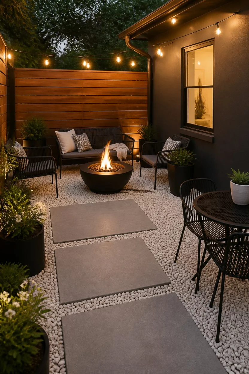 A realistic photo of a small stylish patio with white gravel and large square concrete stepping stones, featuring modern black metal furniture and a simple black fire bowl with string lights above.