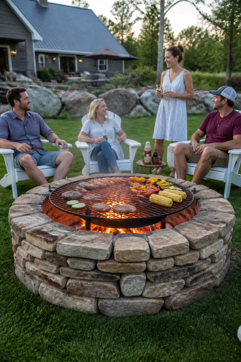 A realistic photo of a backyard gathering centered on a large stacked stone fire pit with a heavy metal cooking grate on top, surrounded by white chairs on a green grass lawn.