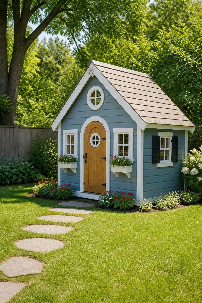 Quaint Blue Playhouse A realistic photo of a sunny garden featuring a blue gray playhouse with white trim and an arched wooden door, including flower boxes and grey stepping stones leading through the green grass.