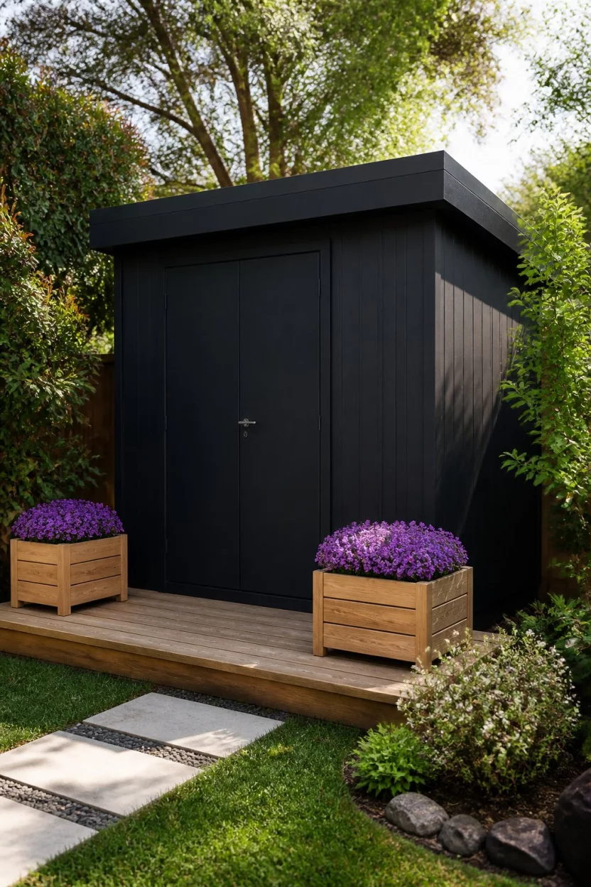 Sleek Modern Studio A realistic photo of a backyard garden containing a dark painted modern shed with clean lines and a flat roof, situated on a small wooden deck with two light wood planter boxes filled with vibrant purple flowers.