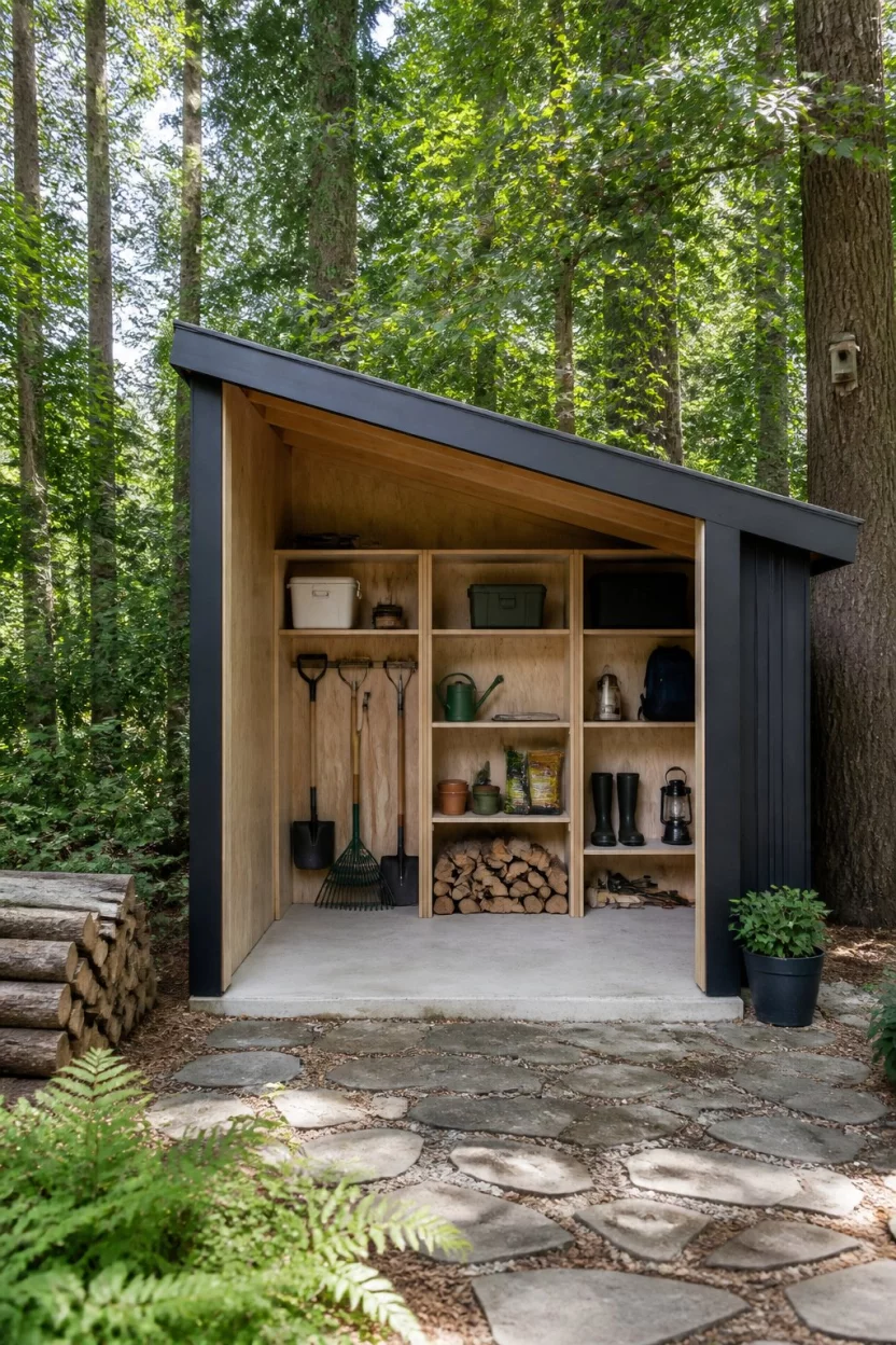 Contemporary Open Storage A realistic photo of a wooded backyard area featuring a contemporary open front shed with a slanted metal roof and concrete floor, showing organized plywood shelving filled with outdoor gear and gardening tools inside.
