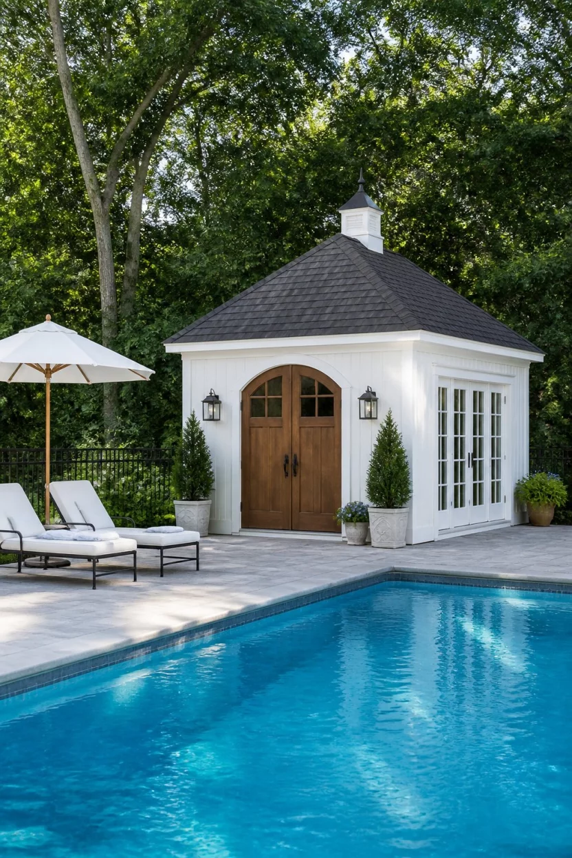 Poolside Luxury Suite A realistic photo of a swimming pool area with a pristine white storage shed featuring a dark shingled roof and a decorative cupola, including arched wooden double doors and elegant white French doors on the side.