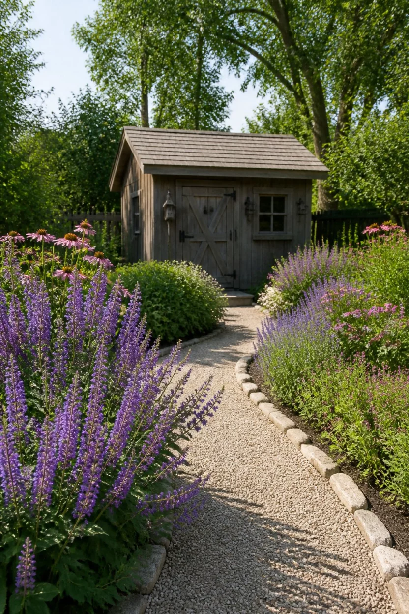 Lavender Path Entrance A realistic photo of a rustic wooden shed at the end of a winding gravel path, framed by lush garden beds bursting with purple salvia and soft pink wildflowers in a sunny yard.
