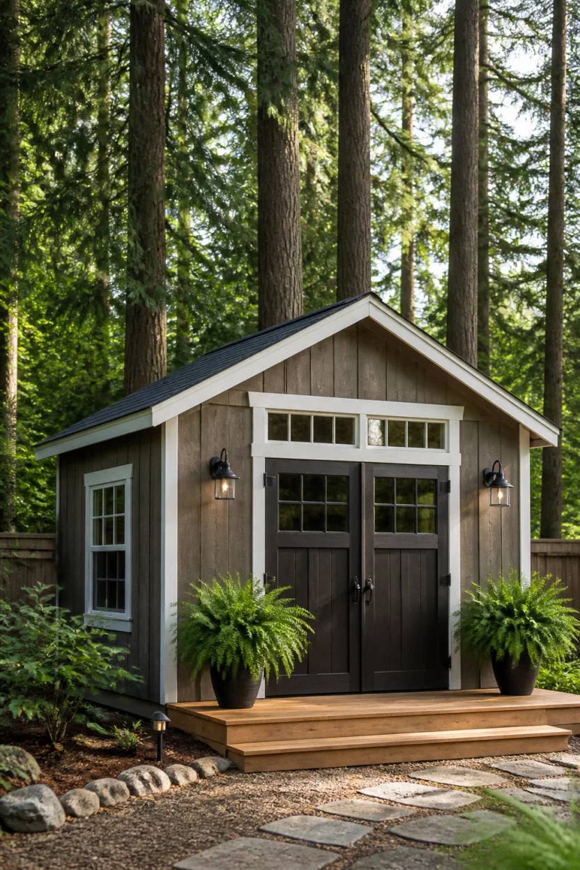 Woodland Hidden Retreat A realistic photo of a backyard scene where a brown and gray shed sits among towering old growth trees, accented by white trim and dark double doors with large green potted ferns flanking the sturdy wooden entrance.