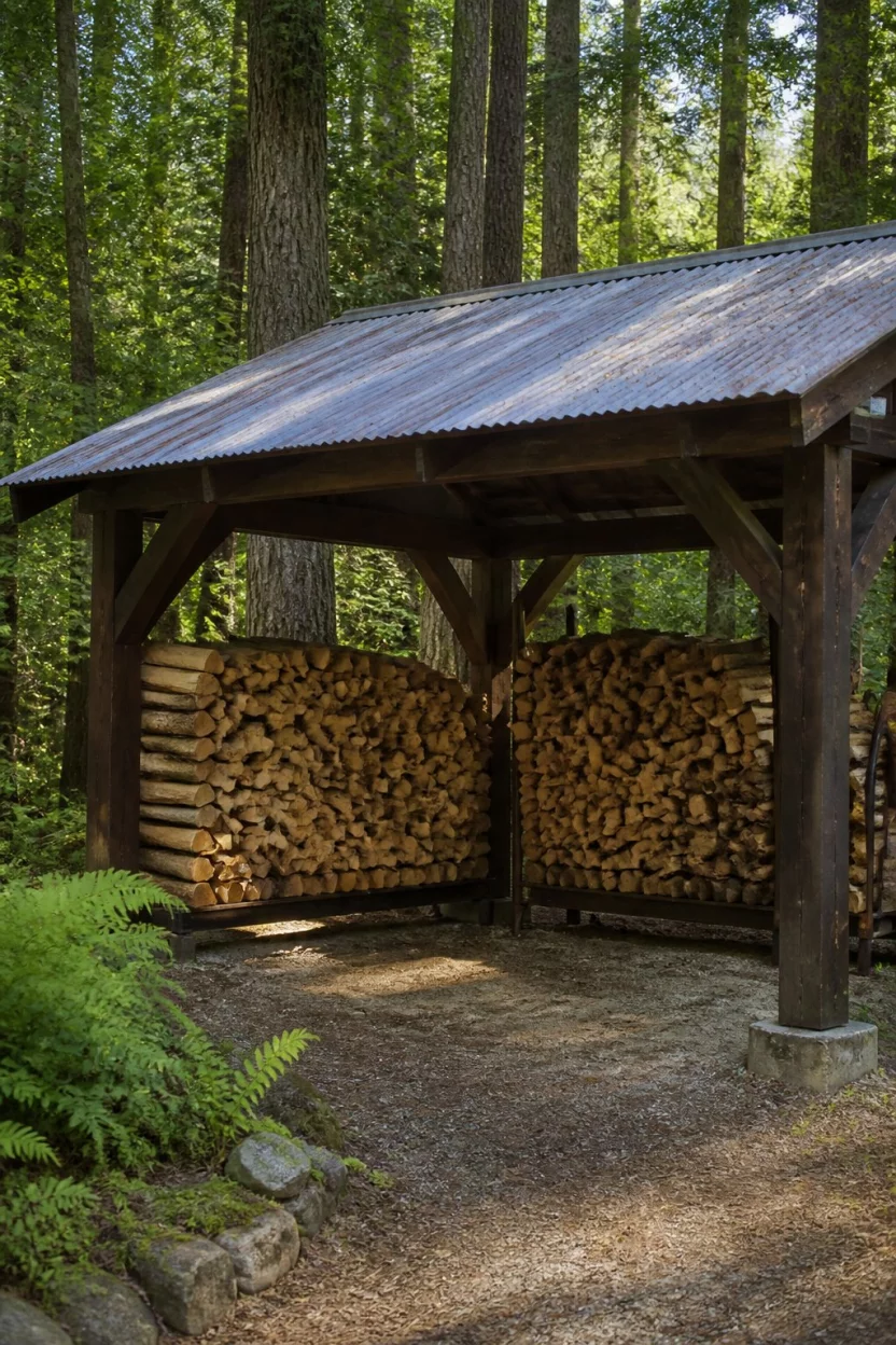 Open Woodland Shelter A realistic photo of a dense forest environment with an open sided rustic woodshed featuring a corrugated metal roof supported by thick dark wooden beams and stacked firewood inside.