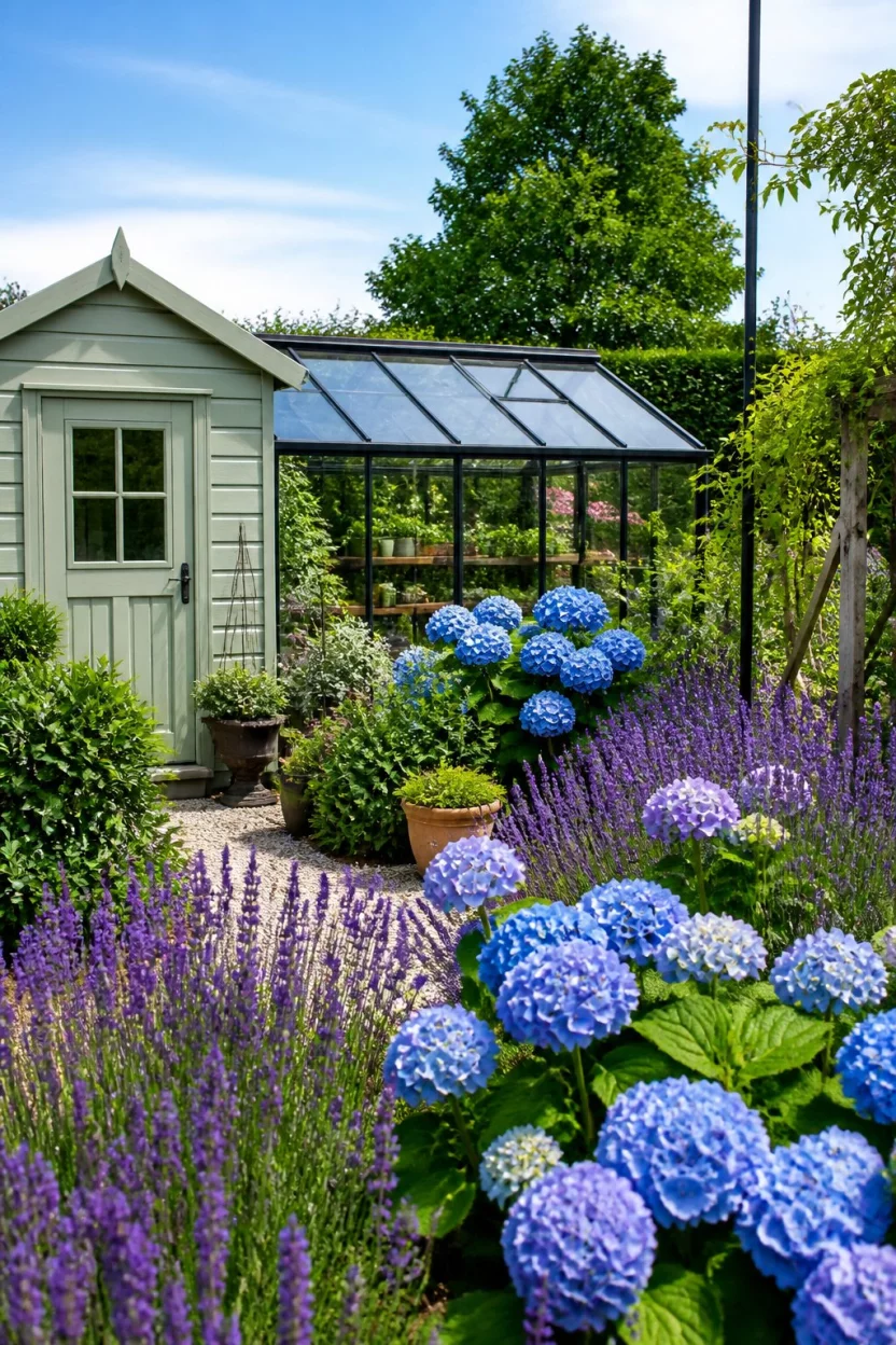 Greenhouse Fusion Design A realistic photo of a colorful flower garden with a light green garden shed connected to a glass greenhouse walls, surrounded by vibrant lavender and large blue hydrangeas under a clear blue sky.