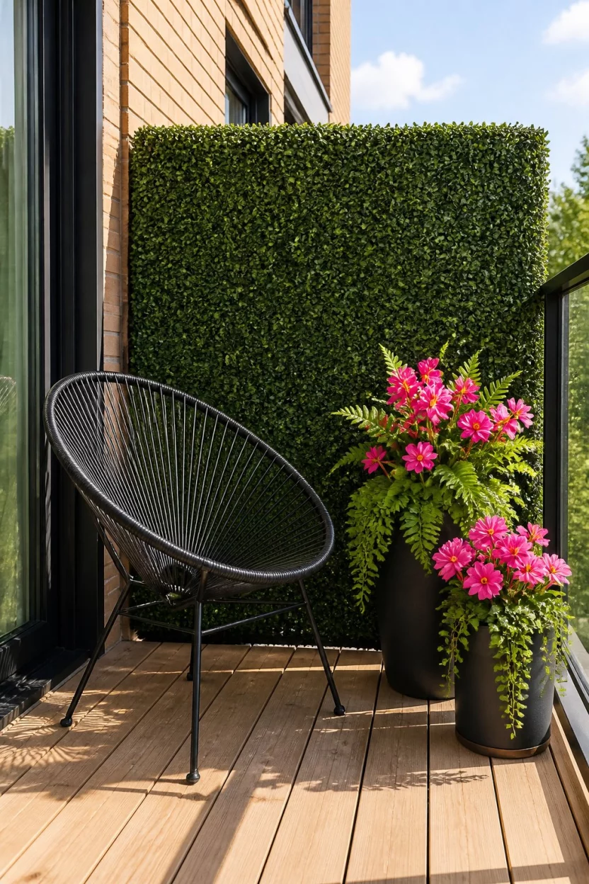 Contrast Artificial Hedges With Vibrant Decor A realistic photo of a sunlit balcony with light wood decking, a modern black wire chair, a thick green artificial hedge screen, and several pots containing bright pink silk flowers mixed with green leaves.
