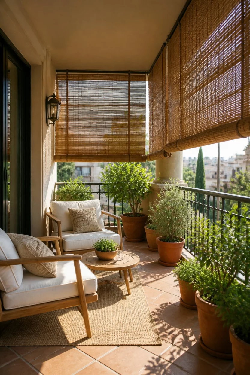 Roll Down Bamboo Blinds A realistic photo of a warm balcony terrace with light toned outdoor seating, terracotta pots filled with green bushes, and several bamboo roll up blinds partially lowered to provide shade and privacy.