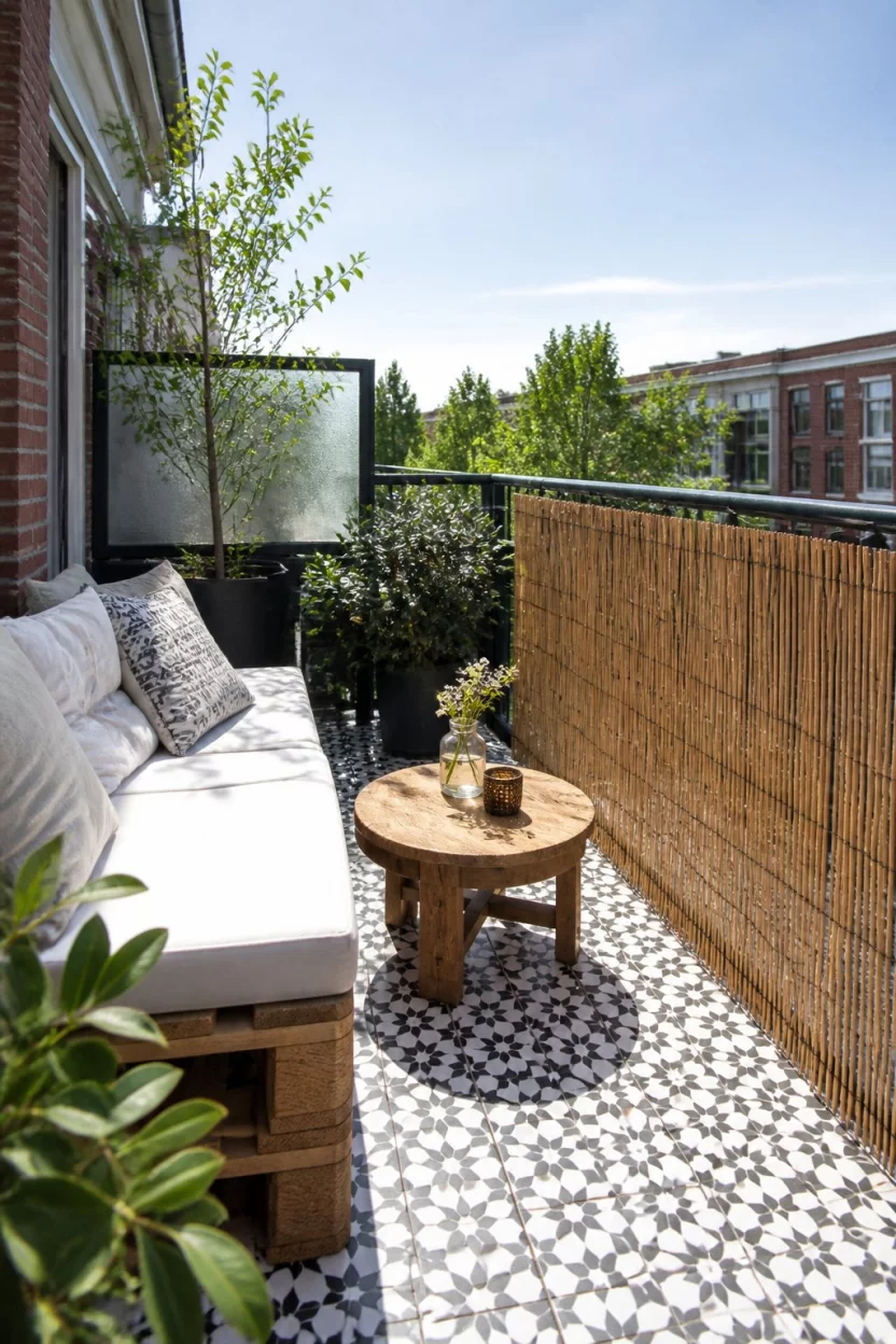 Layer Bamboo Reed Screening A realistic photo of a charming balcony with black and white patterned floor tiles, a low wooden pallet sofa with white cushions, a small round wooden table, and a rustic bamboo reed privacy screen attached to the railing.