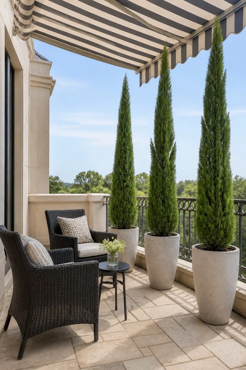 Plant Tall Cypress Trees A realistic photo of an elegant balcony featuring three tall slender cypress trees in concrete pots, two dark wicker chairs with a small table, a striped fabric awning overhead, and a stone floor under a clear sky.