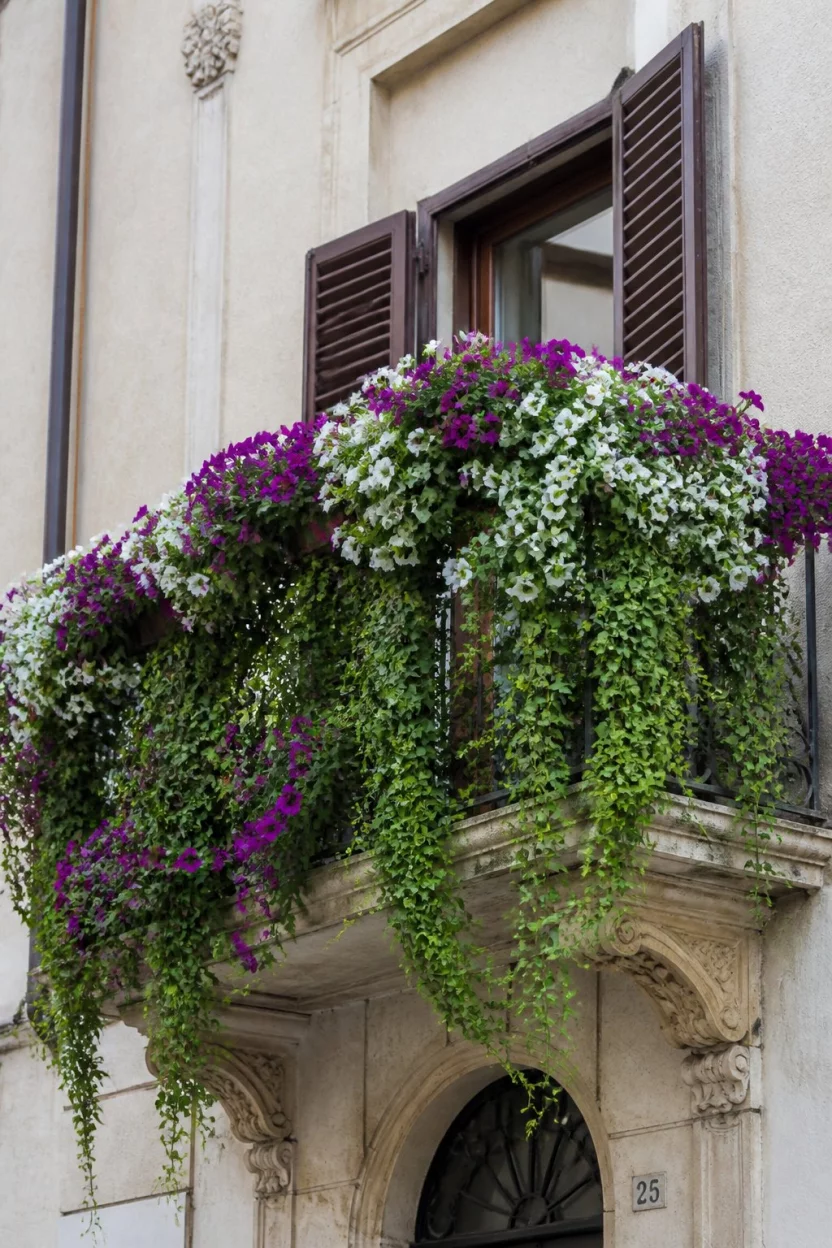 Grow Cascading Flower Vines A realistic photo of a traditional European balcony overflowing with vibrant purple and white petunias and long green vines cascading down from the railing against a pale stone building facade.