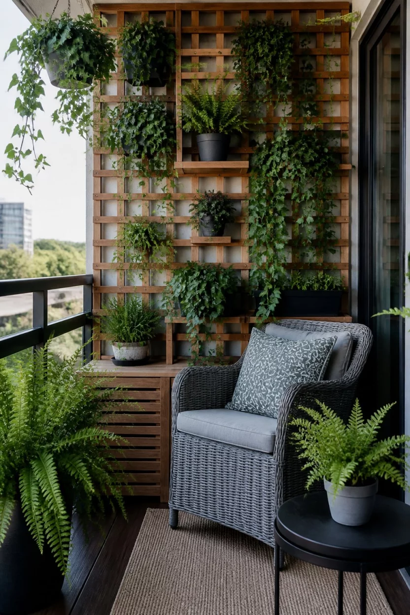 Utilize A Multi Shelf Wood Trellis A realistic photo of a well organized balcony with a gray wicker armchair, a tall wooden trellis with multiple built in shelves, and numerous hanging ivy plants and potted ferns creating a wall of greenery.