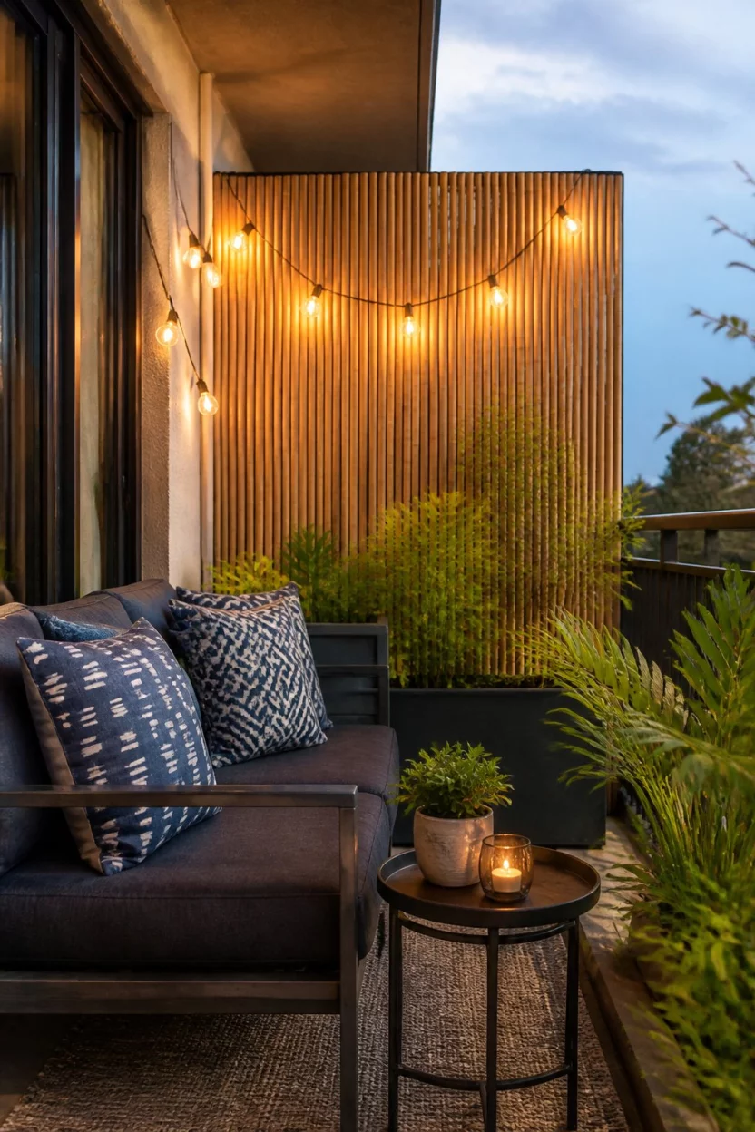 Texturize With Patterned Cushions A realistic photo of a lush balcony corner featuring a dark gray sofa with blue patterned cushions, glowing string lights, a small round side table, and a thick bamboo screen providing a natural backdrop.