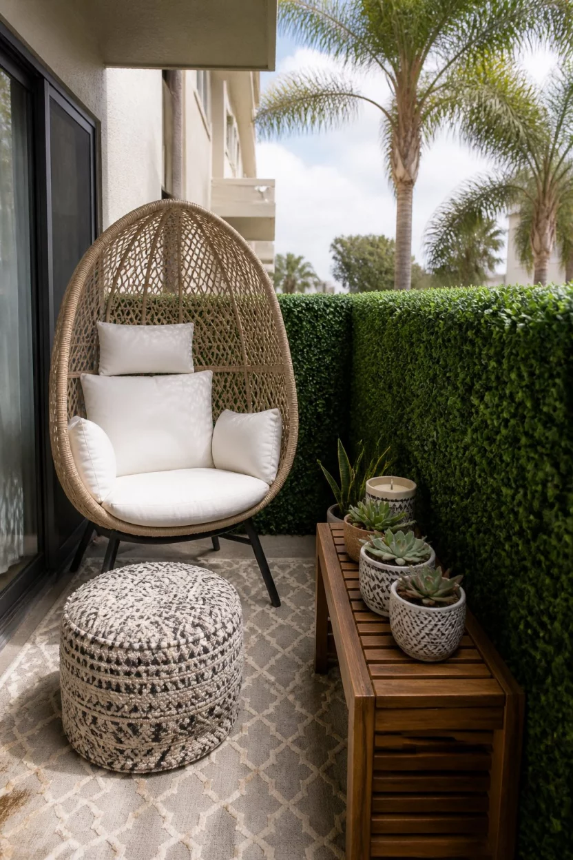 Create A Boxwood Hedge Boundary A realistic photo of a small balcony transformed with a thick artificial boxwood hedge along the railing, an elegant egg chair with white cushions, a patterned ottoman, and several small succulent pots on a narrow wooden side table.