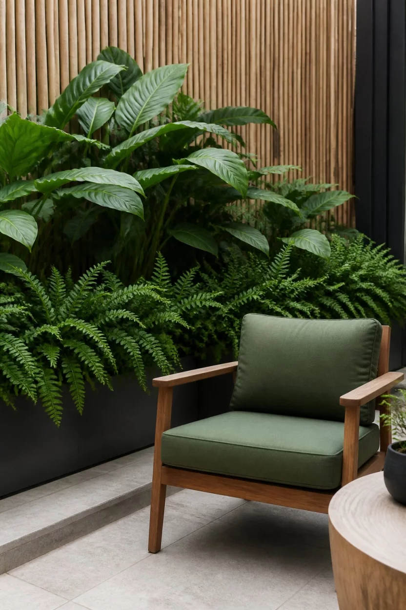 Arrange Dense Green Foliage A realistic photo of a modern outdoor oasis featuring long dark planters filled with dense ferns and broadleaf plants, a comfortable wooden armchair with a green cushion, and a tall bamboo screen background.
