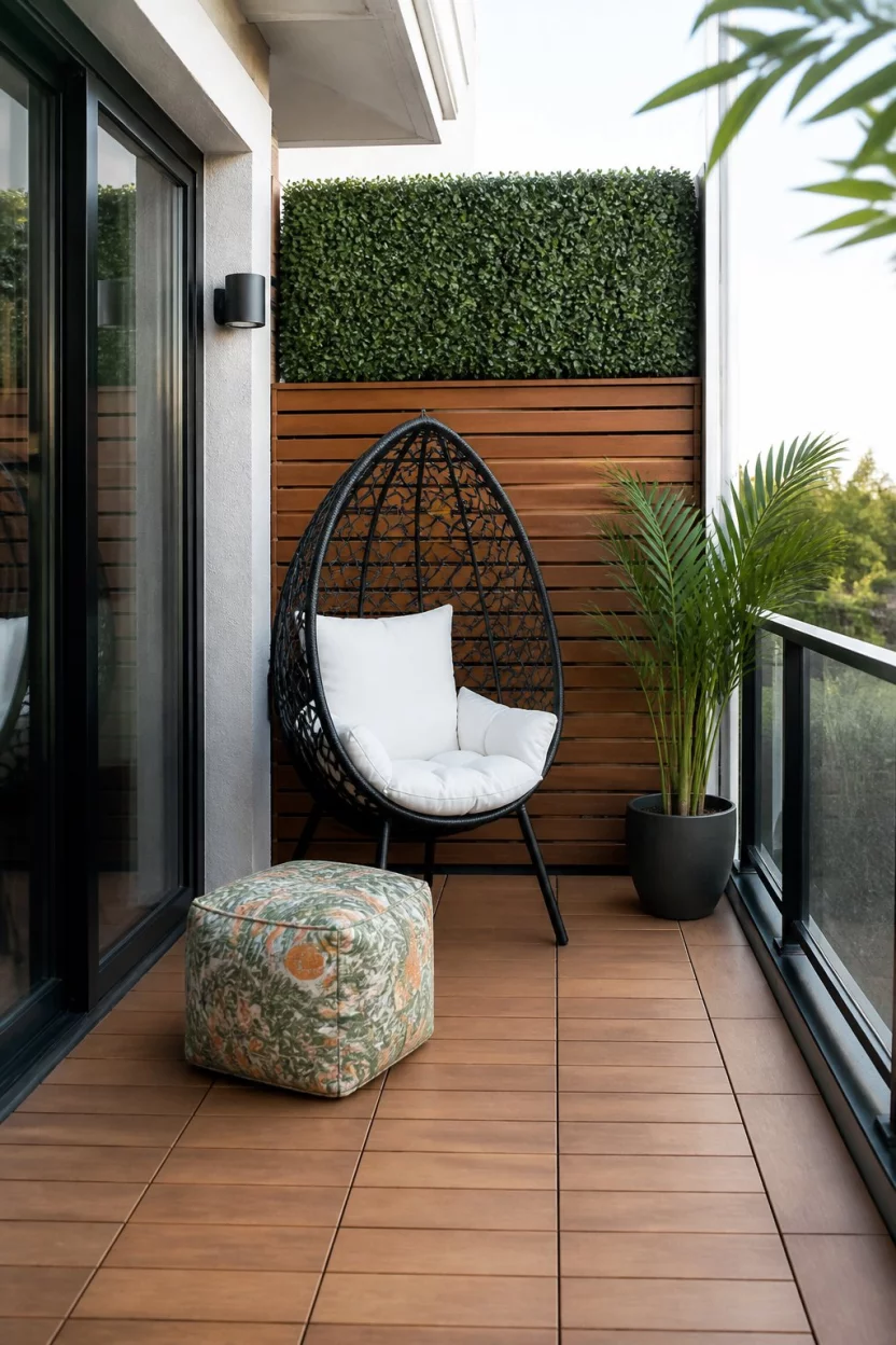 Combine Wood Slats And Hedges A realistic photo of an updated compact balcony with light wood deck tiles, a black egg chair with a white cushion, a colorful green and orange pouf, and a privacy wall made of wood slats and artificial hedge.