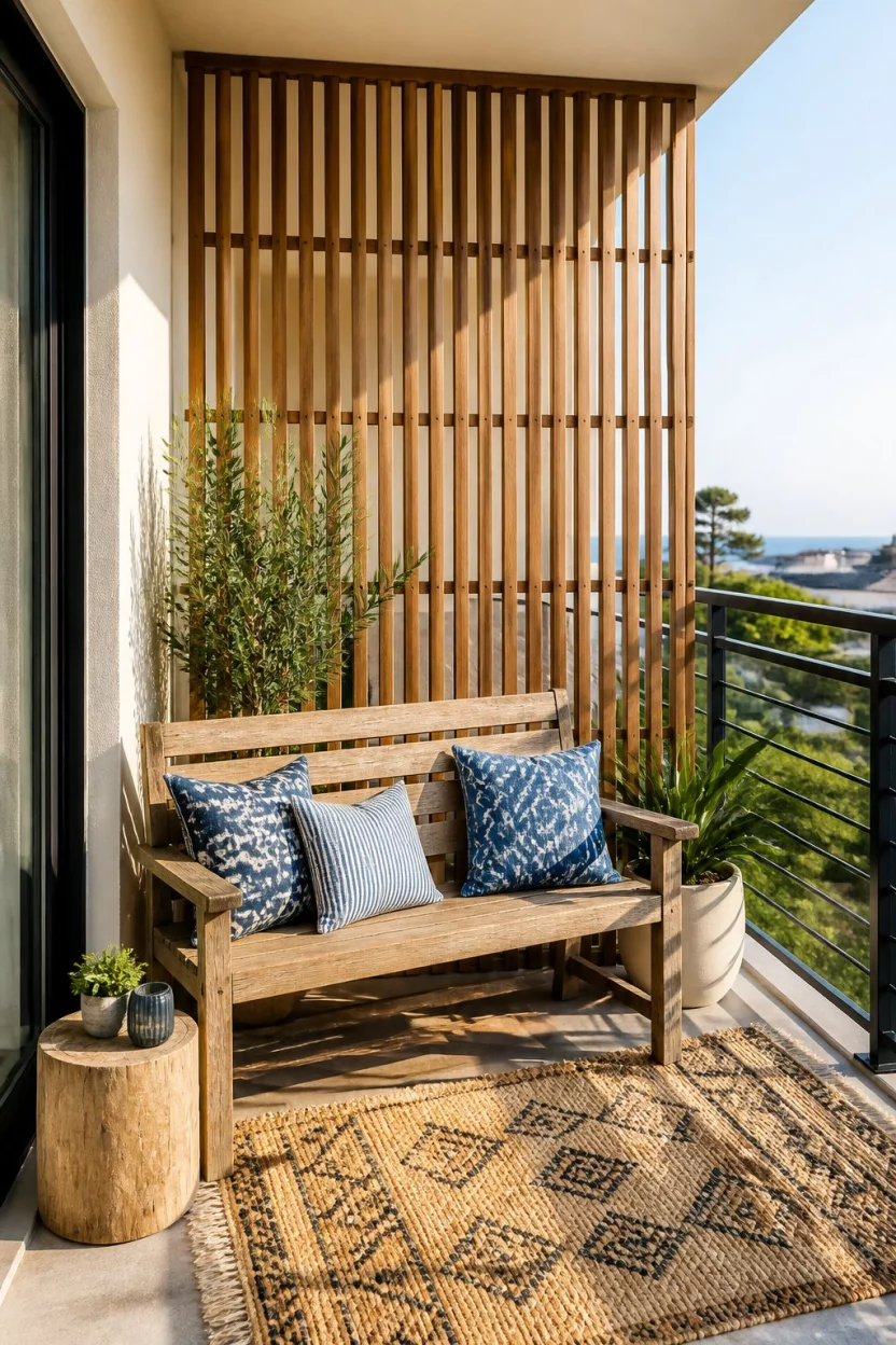 Fix Vertical Wooden Lattice A realistic photo of a sun drenched balcony retreat with a rustic wooden bench, blue decorative pillows, a boho rug on the floor, and a tall vertical wooden lattice screen for privacy.