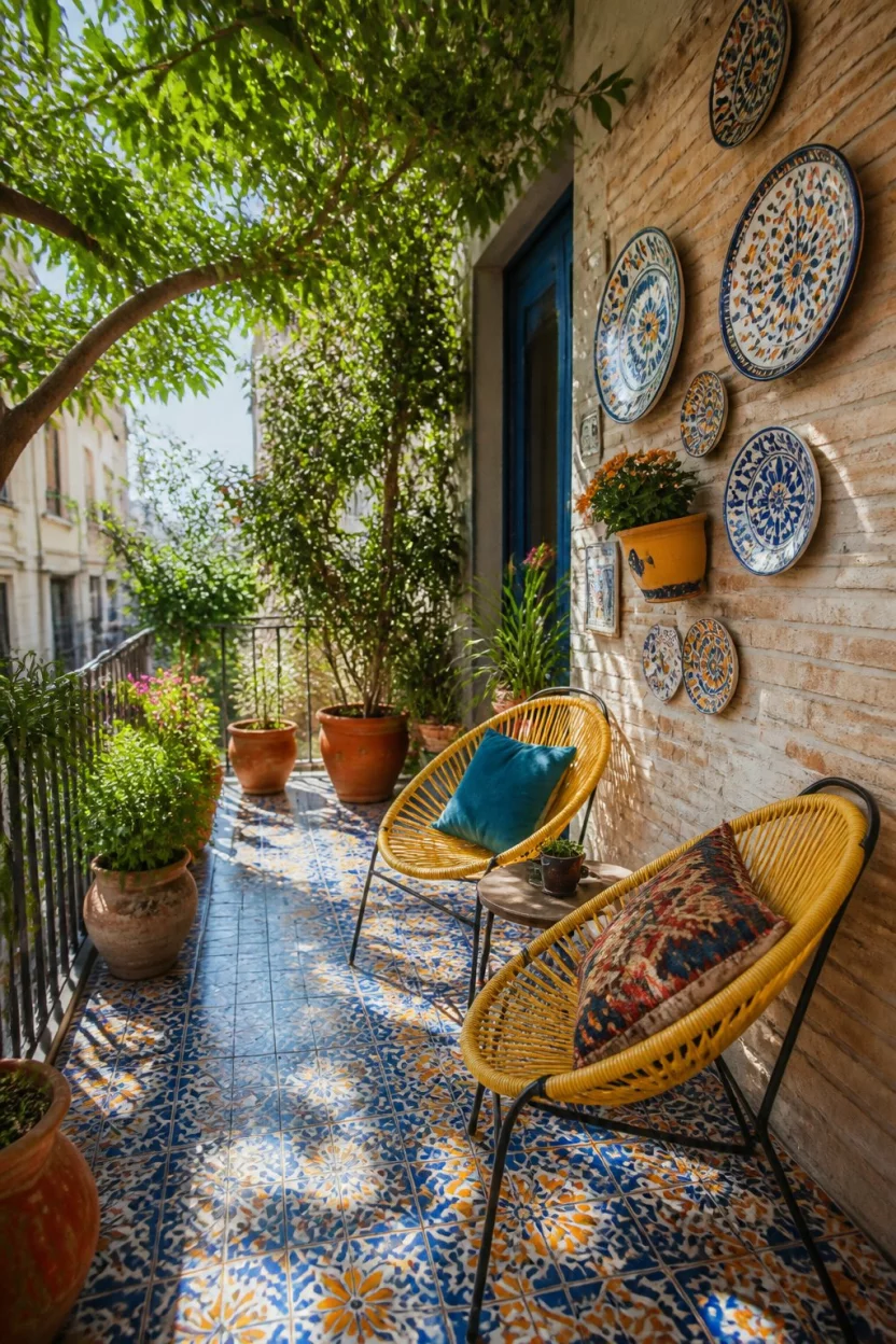 Embrace Bohemian Colorful Patterns A realistic photo of a vibrant bohemian balcony with blue and orange patterned floor tiles, two bright yellow chairs, several terracotta pots overflowing with greenery, and decorative ceramic plates hanging on the brick wall under a bright sun.