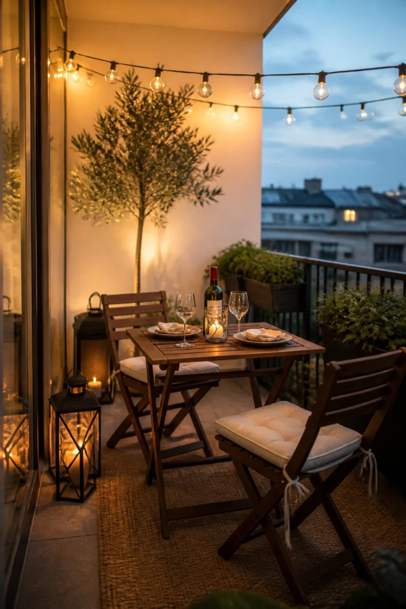 Hang Romantic String Lights And Lanterns A realistic photo of an intimate balcony at dusk with a wooden folding table set for two, white seat cushions, glowing string lights draped overhead, small lanterns on the floor, and a small potted tree in the corner.