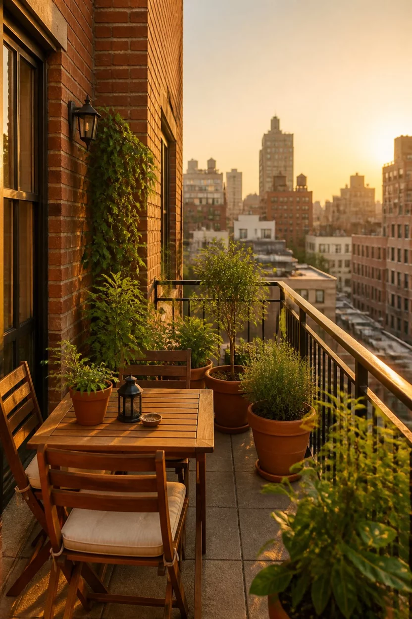 Urban Brick And Wood Mix A realistic photo of an urban balcony with warm reddish-brown brick walls, a small wooden dining table set, several terracotta pots filled with leafy green plants, and a vibrant city view in the background during the golden hour with soft orange light.