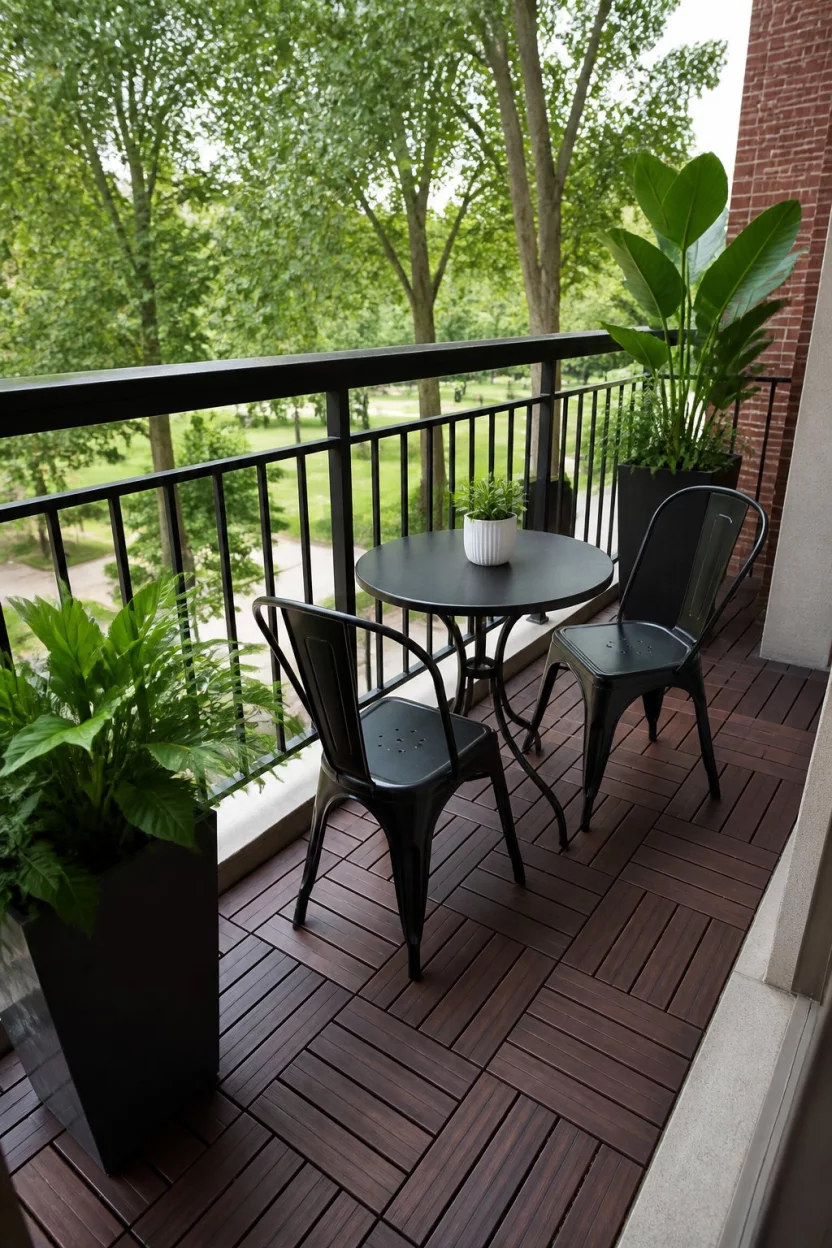 Bistro Set On Wood Tiles A realistic photo of a medium-sized balcony featuring dark interlocking wood deck tiles, a black metal bistro table with two matching chairs, and large green potted plants in the corners overlooking a park with tall leafy trees.