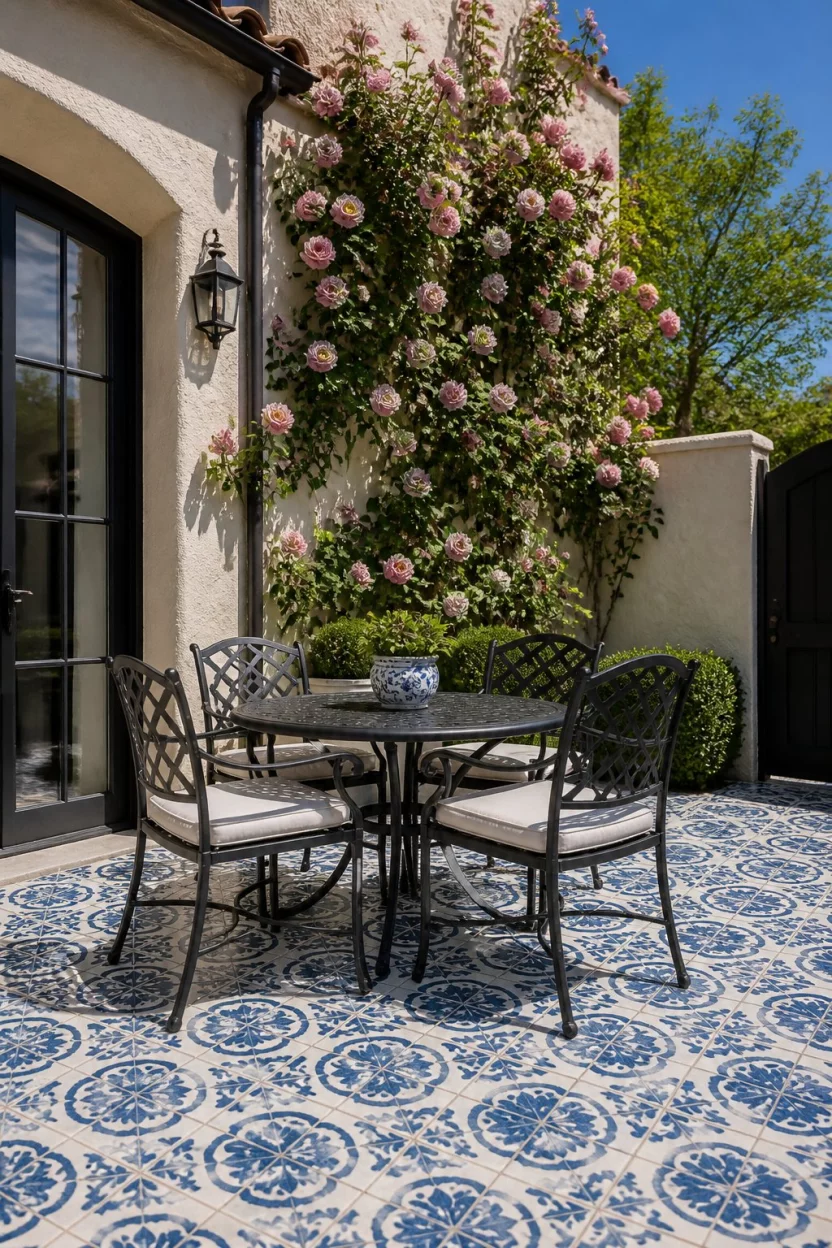 Mediterranean Patterned Patio A realistic photo of an outdoor patio featuring blue and white decorative patterned floor tiles, a dark iron dining set with four chairs, and climbing pink roses growing up a cream stucco wall under the bright midday sun.