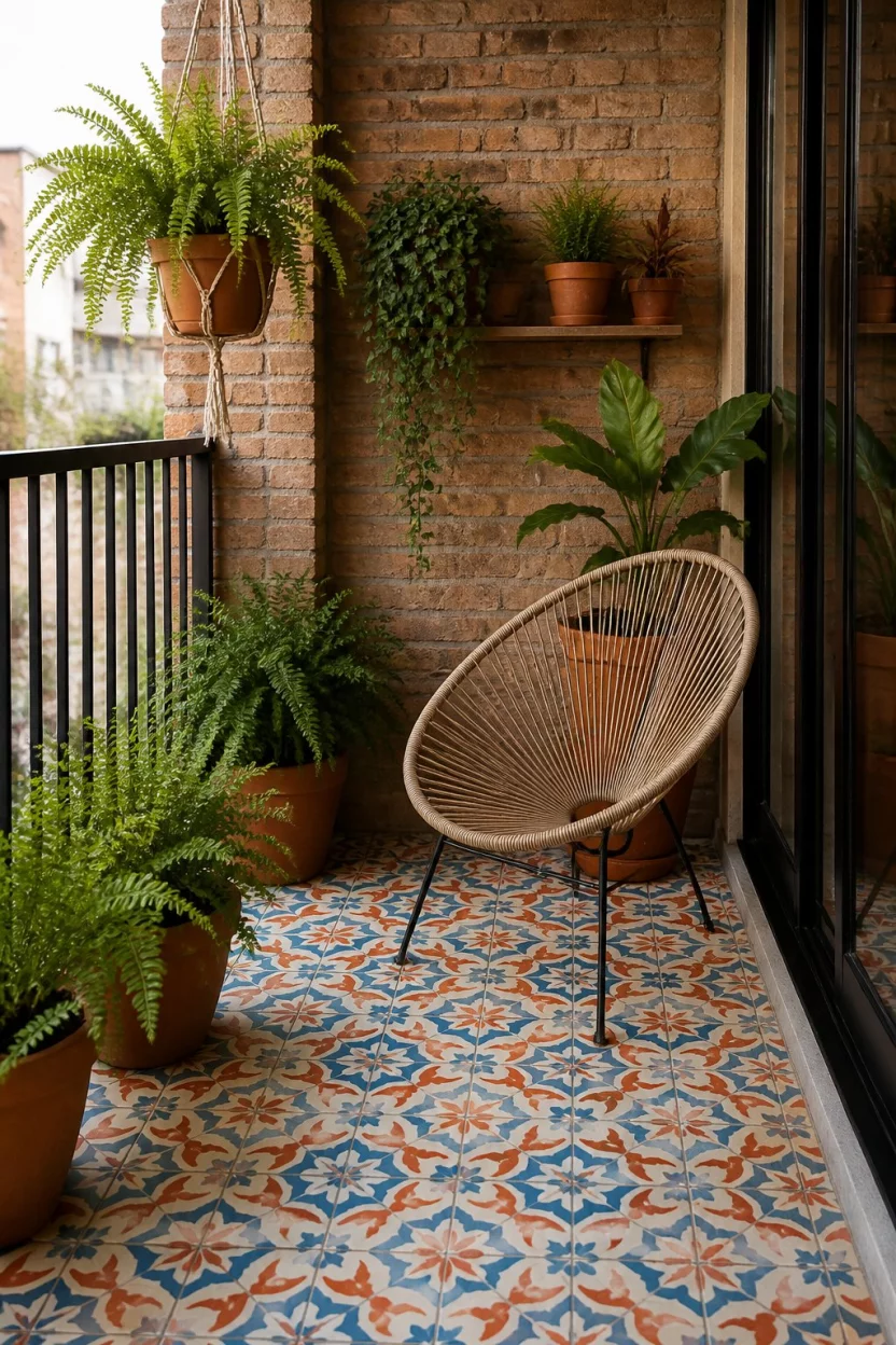 Vibrant Encaustic Patterns A realistic photo of a narrow balcony featuring colorful encaustic patterned floor tiles in shades of blue and orange, a single woven chair, a brick accent wall, and multiple terracotta pots with lush green ferns and hanging plants.